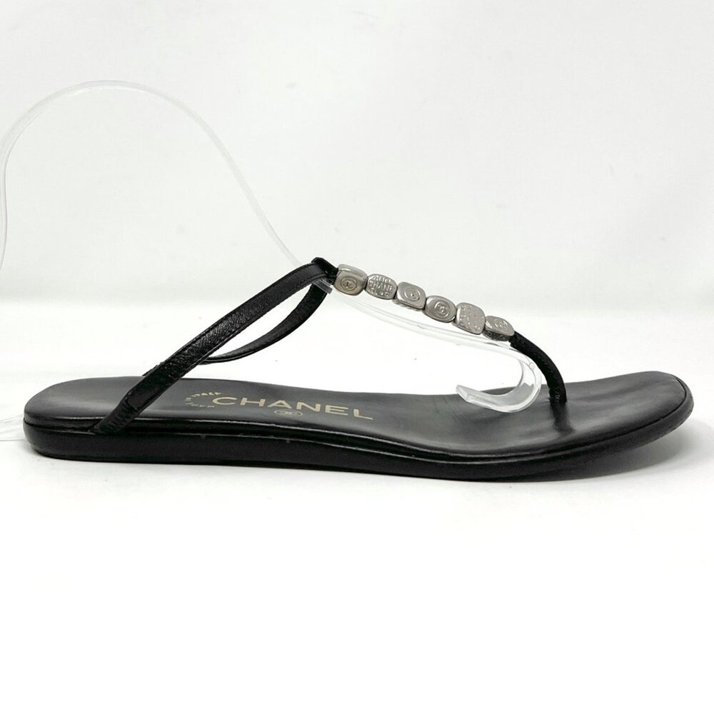 Chanel Black Leather CC Logo Flat Thong Sandals 36.5 Vintage - Picture 4 of 10